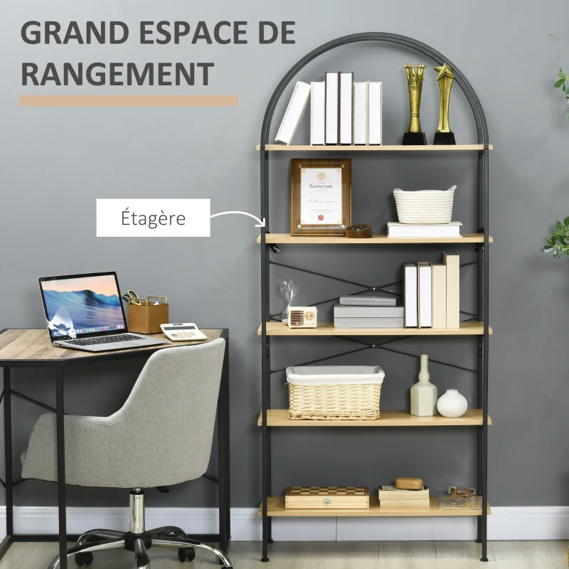 HOMCOM Bibliothèque étagère à 5 niveaux meuble de rangement arrondie style industriel 80 x 28 x 179 cm naturel noir