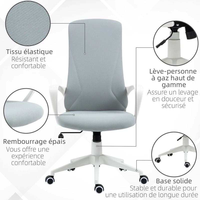 Vinsetto Fauteuil de bureau ergonomique avec accoudoirs et roulettes - fonction inclinaison et hauteur réglable - gris clair