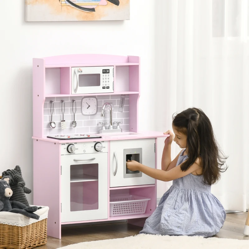 HOMCOM Cozinha Infantil para Crianças acima de 3 Anos Cozinha Infantil com Luzes Sons Lavatório Fogão e Forno 70x29x90cm Rosa