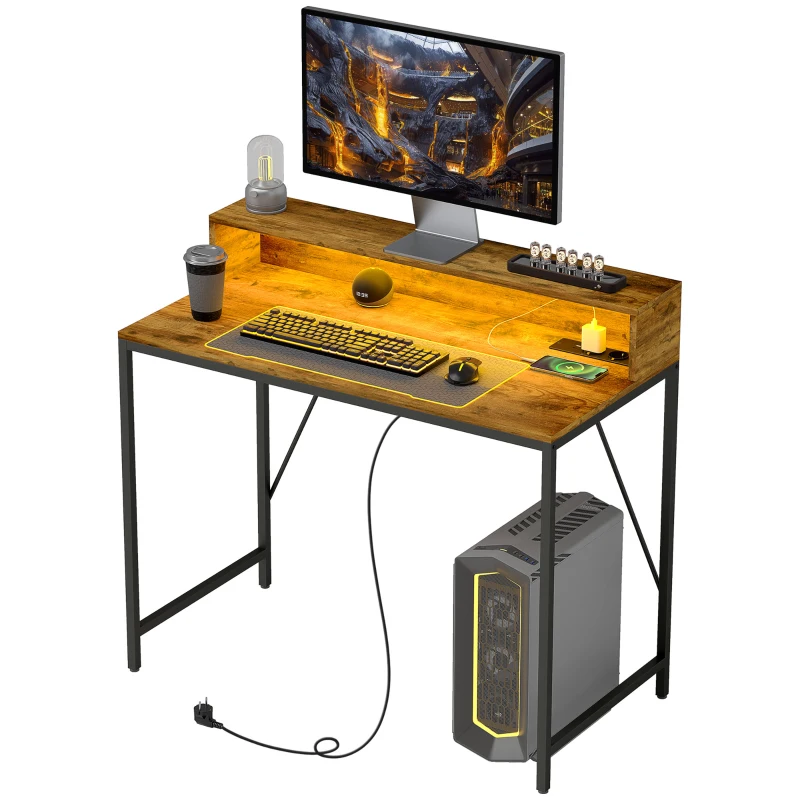 HOMCOM Secretária Estilo Industrial com Luzes LED Tomadas de Corrente Suporte para Monitor e Controlo Remoto 100x50x90,5 cm Marrom