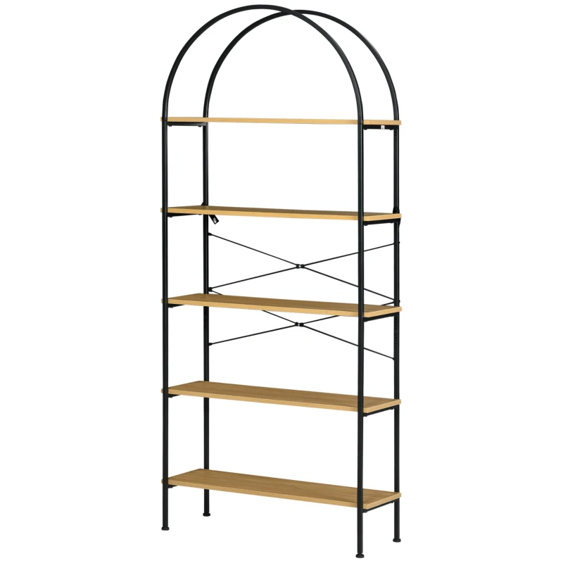 HOMCOM Bibliothèque étagère à 5 niveaux meuble de rangement arrondie style industriel 80 x 28 x 179 cm naturel noir