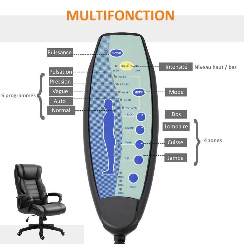 Vinsetto Fauteuil de bureau massant  fauteuil bureau ergonomique grand confort hauteur réglable fonction dossier à bascule revêtement synthétique noir