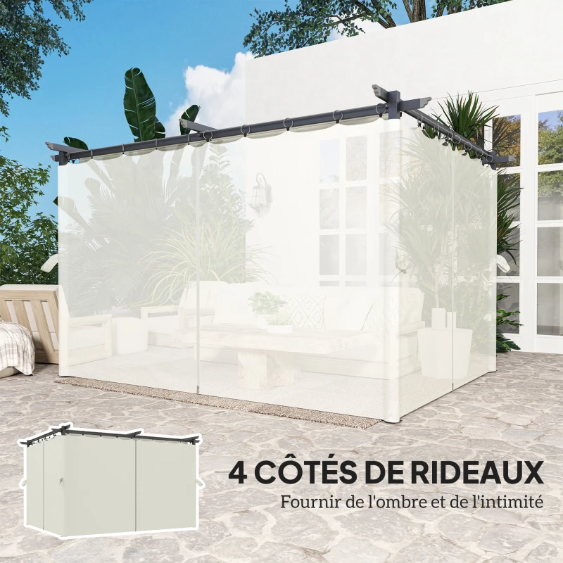 Outsunny Pergola de jardin exterieur 3 x 4 m, toit rétractable et rideaux, anti-UV UPF30+, pour barbecue, patio, terrasse, crème