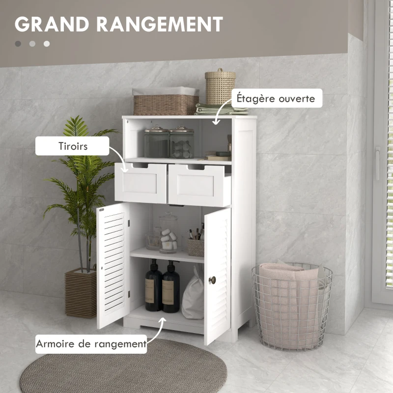kleankin Meuble de salle de bain armoire 2 portes étagère réglable 2 tiroirs niche 61 x 30,5 x 109,5 cm blanc
