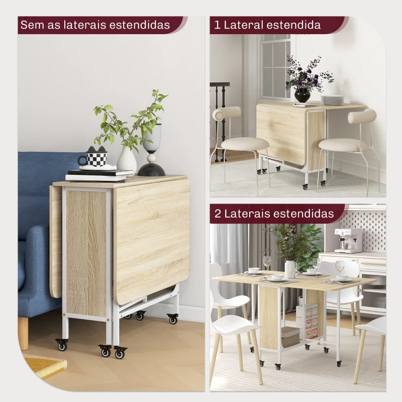 HOMCOM Mesa de Cozinha Dobrável Mesa de Refeição Dobrável com Rodas Laterais Abatíveis e Prateleira 130x80x74 cm Madeira e Branco