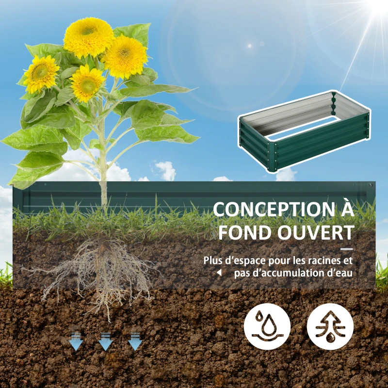 Outsunny Carré potager de jardin rectangulaire tôle d'acier ondulée 120 x 60 x 30 cm vert foncé