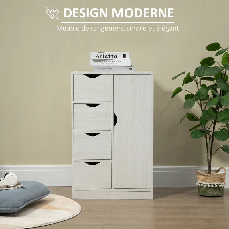 HOMCOM Meuble de rangement buffet commode moderne 1 placard et 4 tiroirs - en bois - pour salon, cuisine, entrée, salle à manger - blanc