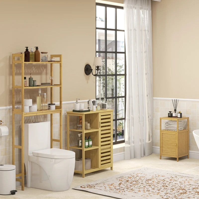 kleankin Meuble de rangement pour salle de bain en bambou 2 étagères et 1 placard avec porte 33 x 36,5 x 67 cm naturel