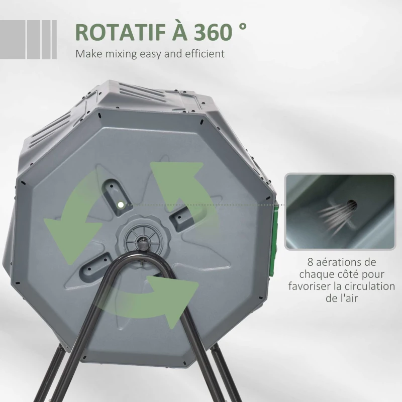 Outsunny Composteur de Jardin - bac à Compost pour déchets - Rotatif 360° - Double Chambre 160 L - Acier PP Gris