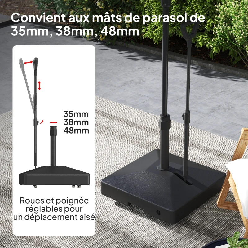 Outsunny Pied de parasol carré support parasol en HDPE sur roulettes avec poignée remplissage eau sable 60 x 60 x 100 cm noir