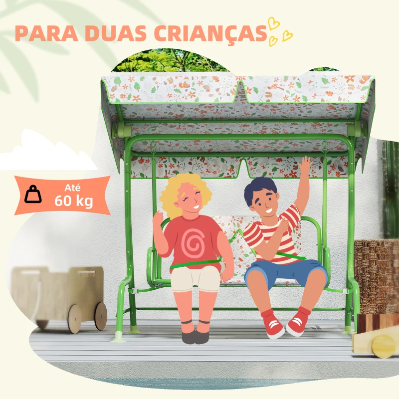AIYAPLAY Baloiço de Jardim para Crianças com 2 Lugares Toldo Ajustável Cinto de Segurança e Desenho de Borboletas 112x75x120 cm Verde
