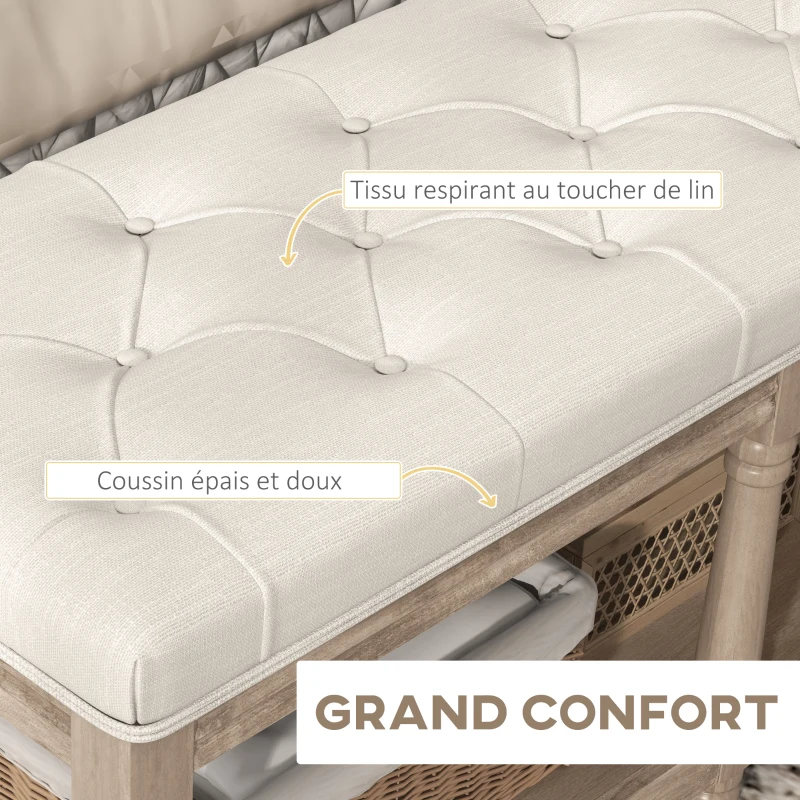 HOMCOM Banc banquette capitonnée 2 niveaux étagère 115 cm Bout de lit Rembourrée en lin piètement Bois sculpté Lin Beige(m-5)