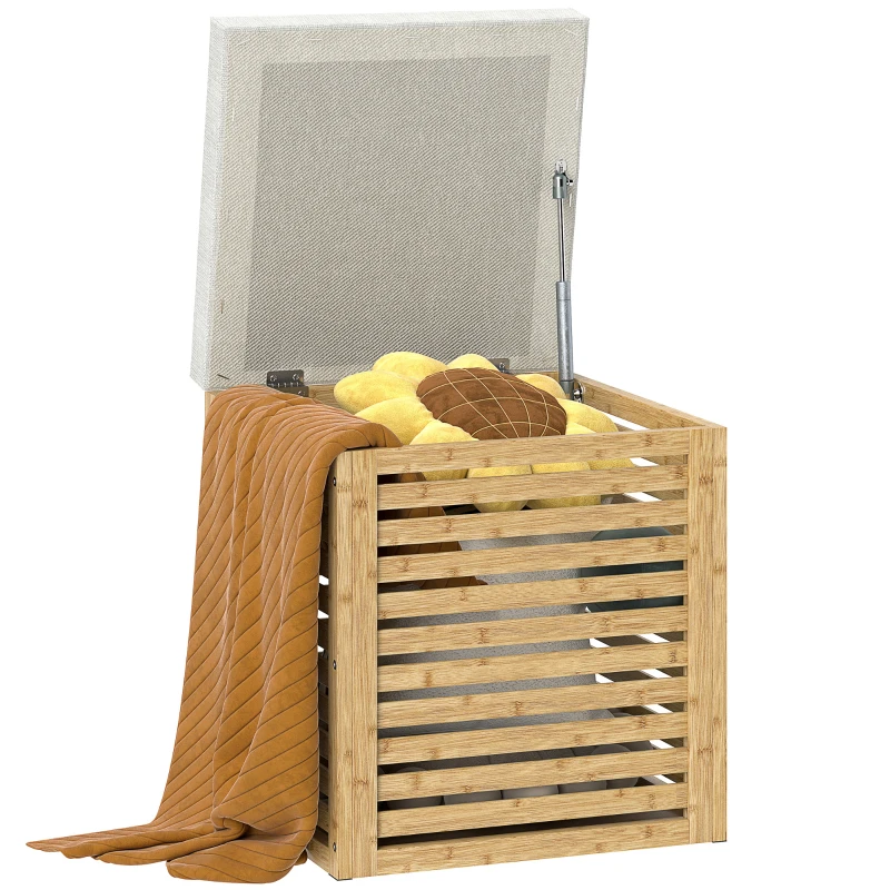 HOMCOM Banco com Armazenamento 57,7L Banco com Arrumação Estofado em Linho Sintético com Estrutura em Bambu 40x40x47 cm Cinza e Madeira