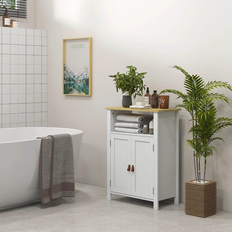 kleankin Meuble bas de salle de bain multi-rangements grande niche placard double porte blanc et naturel