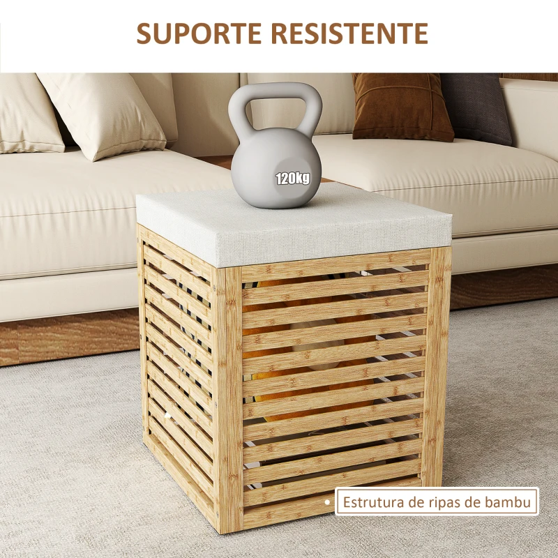 HOMCOM Banco com Armazenamento 57,7L Banco com Arrumação Estofado em Linho Sintético com Estrutura em Bambu 40x40x47 cm Cinza e Madeira