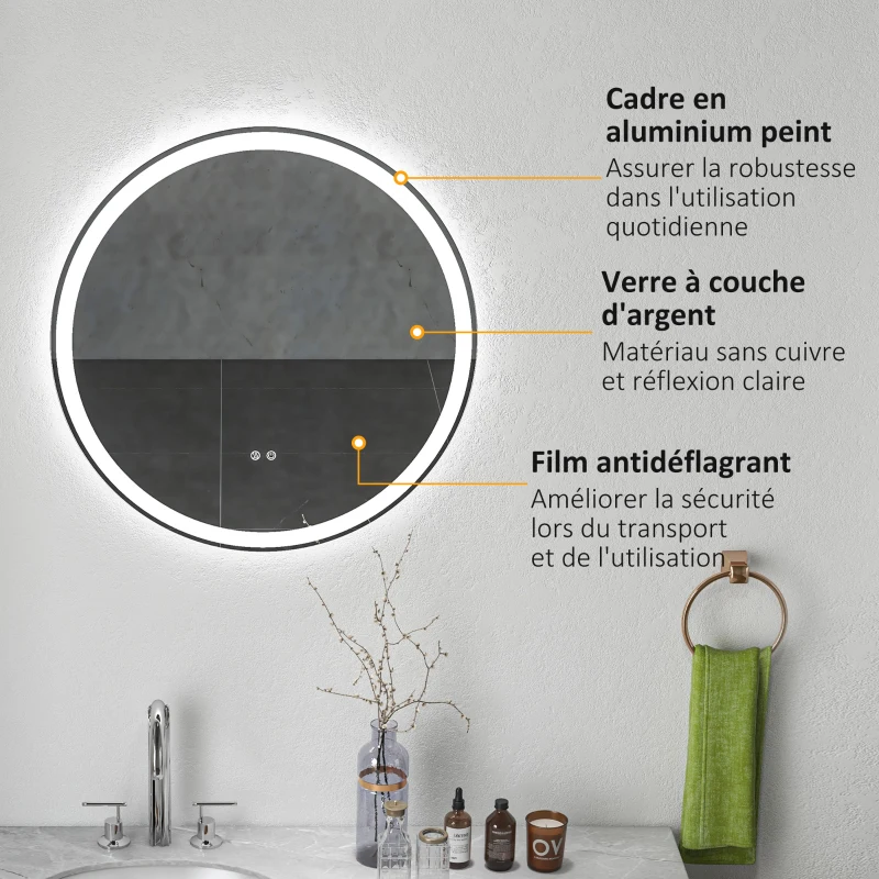 kleankin Miroir rond lumineux LED de salle de bain Ø 70 cm mural avec éclairage 3 couleurs interrupteur tactile 23W blanc argent