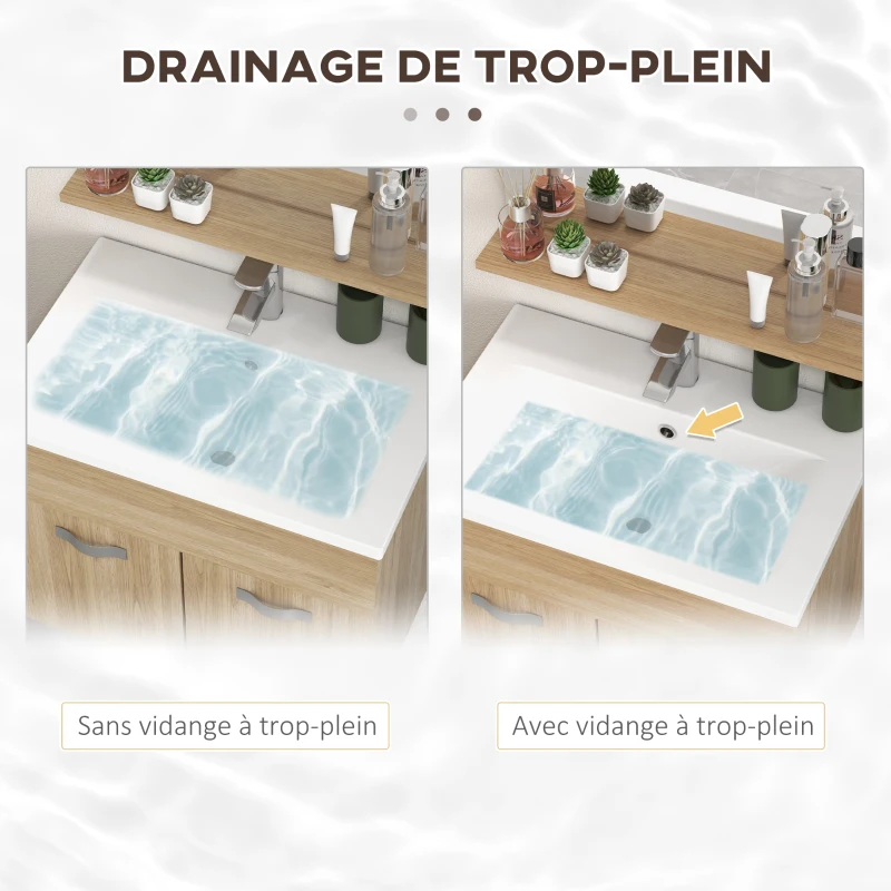 kleankin Ensemble de meubles de salle de bain armoire miroir + meuble sous lavabo suspendu avec bassin + meuble colonne naturel