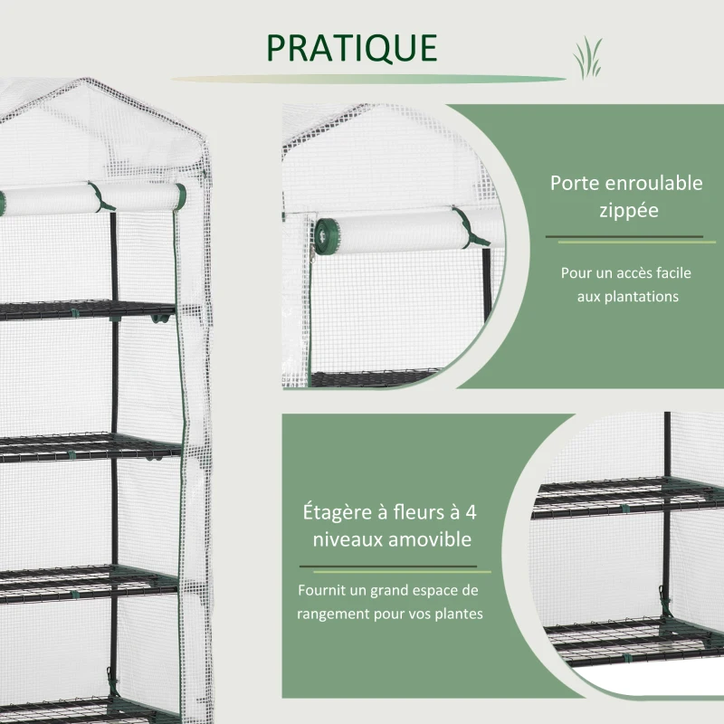 Outsunny Serre de jardin PE avec étagères 4 niveaux, serre de balcon, bâche renforcée 140 /m², châssis en acier, porte zippée enroulable, pour légumes plantes, intérieur extérieur, 70x50x160cm, blanc