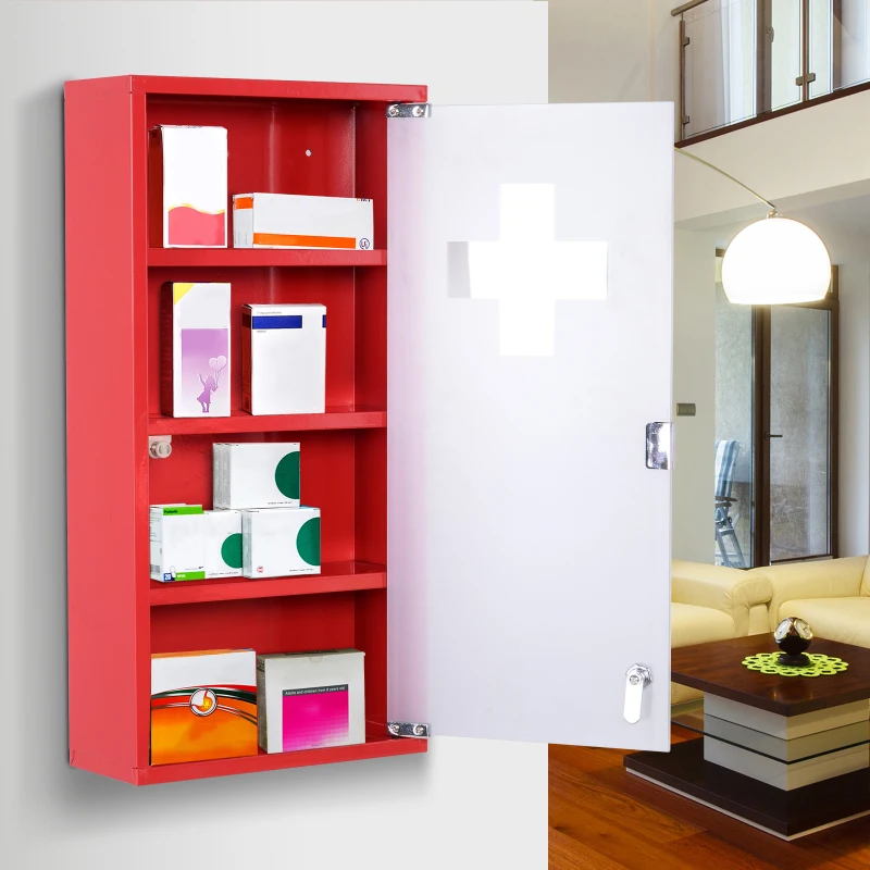 HOMCOM Armoire à Pharmacie 3 étagères 4 Niveaux verrouillable Porte Verre trempé dépoli Logo Croix 30L x 12l x 60H cm Acier Rouge
