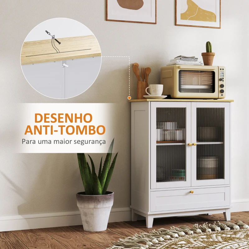 HOMCOM Aparador Sala de Estar com 2 Portas de Vidro Temperado Gaveta e Prateleira Ajustável 68x35x85 cm Branco