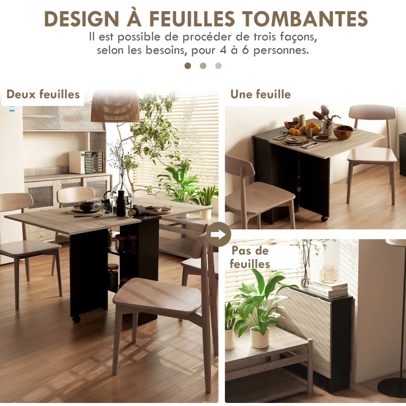 HOMCOM Table pliante de cuisine salle à manger amovible sur roulettes 75 x 140 x 74 cm coloris chêne et noir