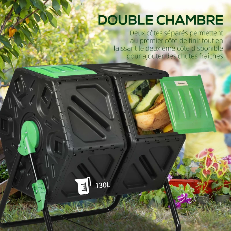 Outsunny Composteur de jardin bac à compost pour déchets rotatif 360° double chambre 130 L acier PP 67 x 60 x 77 cm noir
