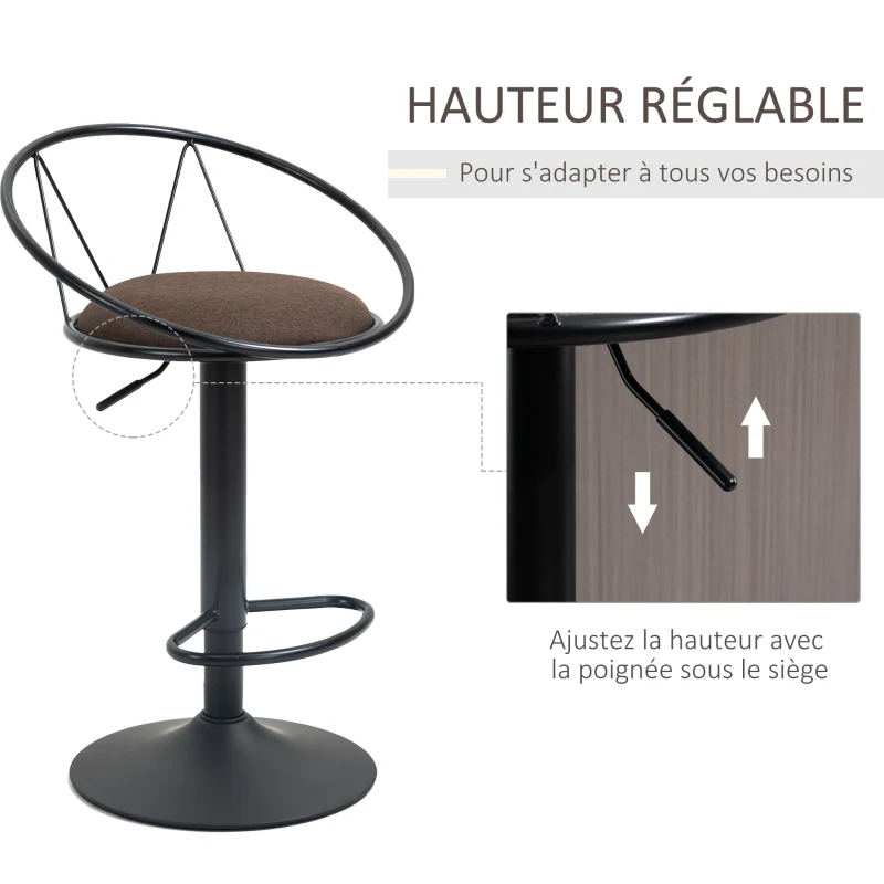 HOMCOM Lot de 2 tabourets de Bar Design néo-rétro réglable pivotant avec Repose-Pied métal Noir Lin Marron