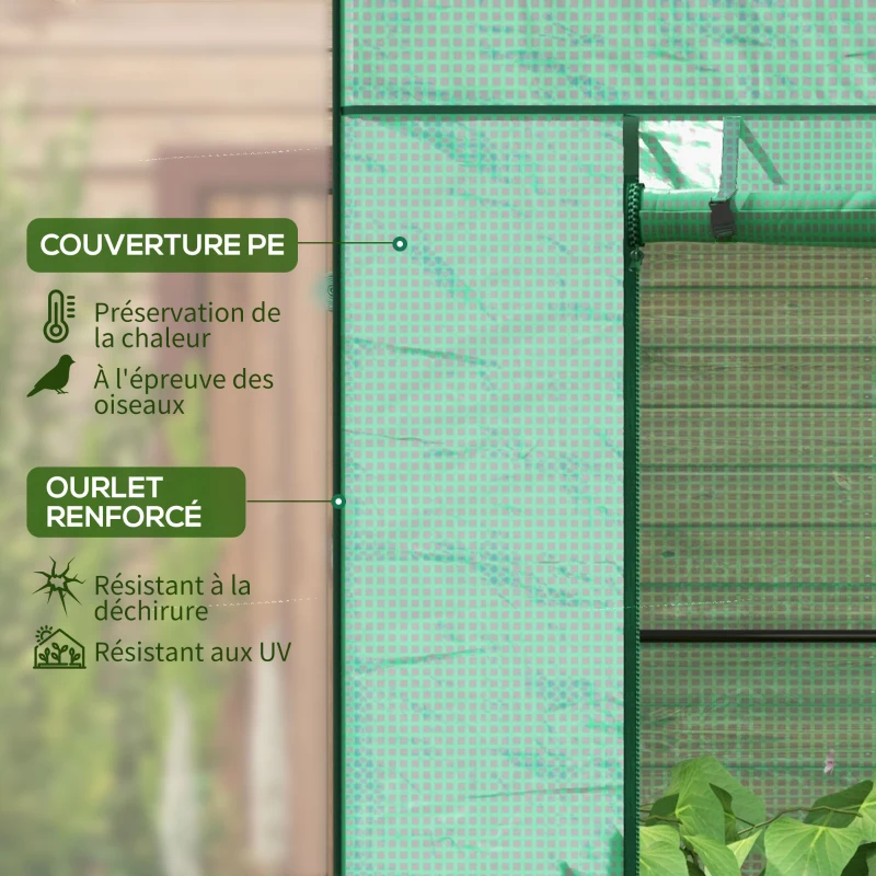 Outsunny Serre de jardin murale adossée avec 1 porte enroulable, bâche PE renforcée, 2 fenêtres, dim. 196L x 77l x 197/178H cm