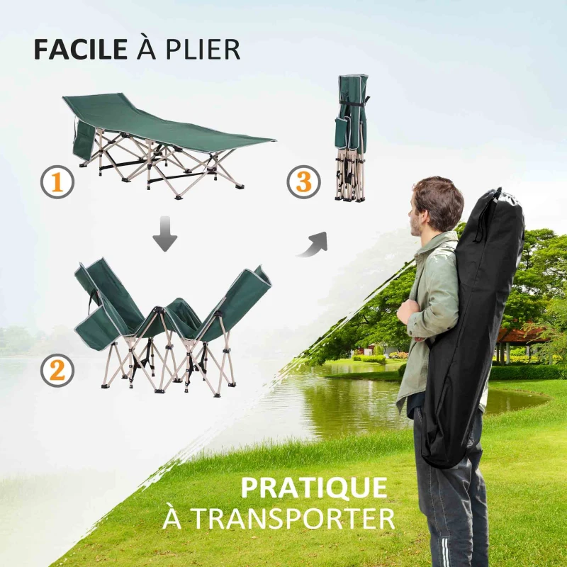 Outsunny Lit de camping pliable, lit de camp cadre en acier sac de transport charge max. 150 kg 190 x 68 x 52 cm vert