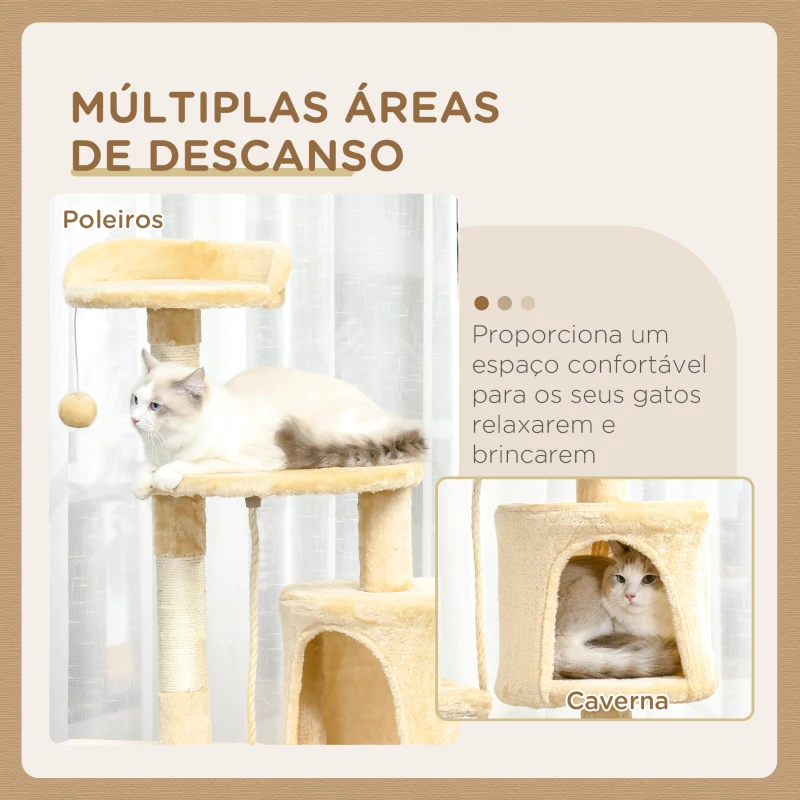 PawHut Árvore de gato com plataformas Cabines Bolas de jogo bege 40x40x114cm