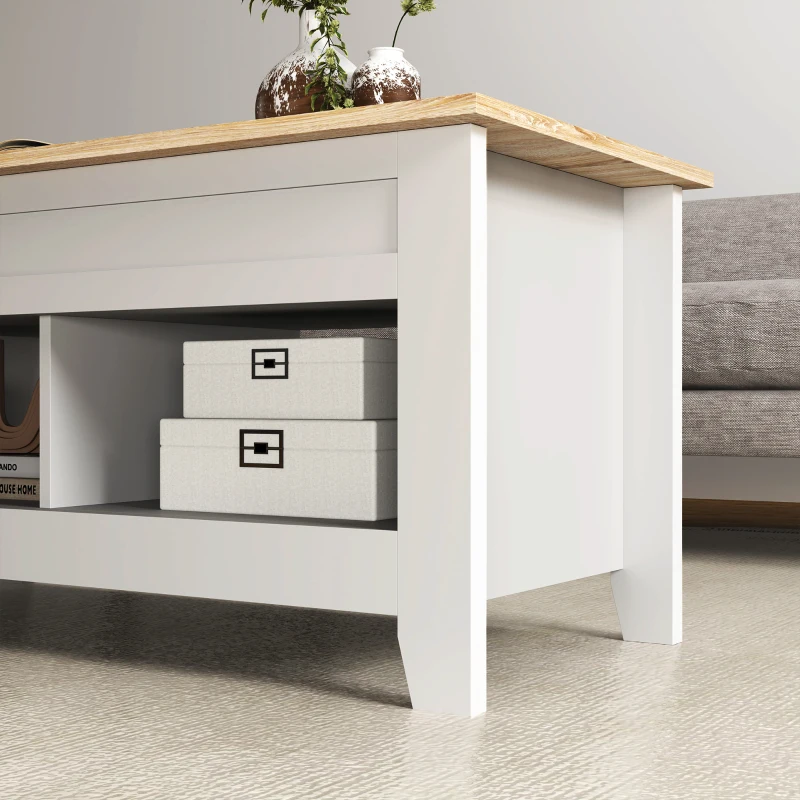 HOMCOM Mesa de Centro com Bancada Elevável 2 Compartimentos Abertos Bancada de Madeira 105x50x49 cm Branco e Madeira