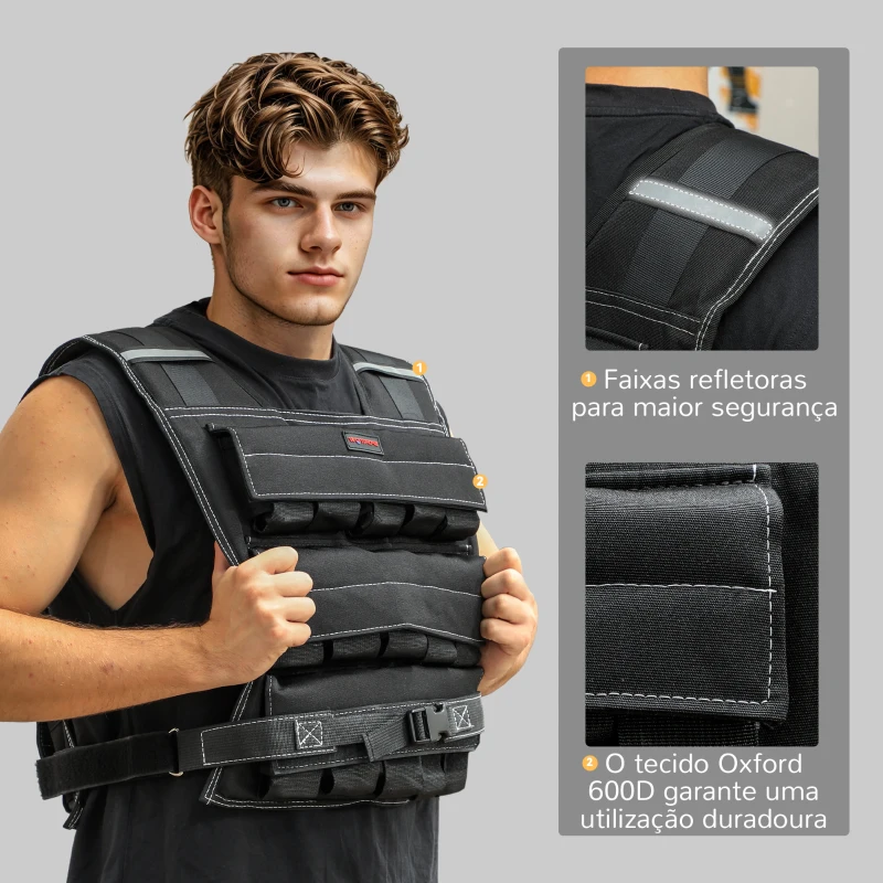 SPORTNOW Colete de Pesos 15 kg Colete de Musculação Ajustável com Bandas Reflectoras Colete de Cross Training  Preto