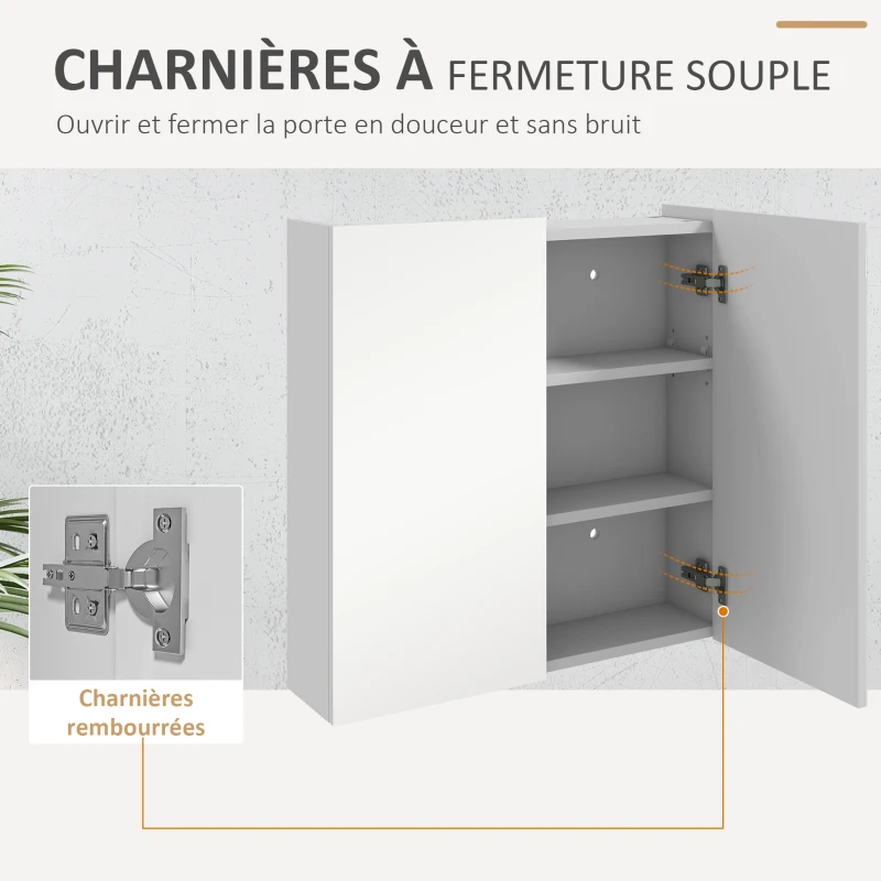 kleankin Armoire murale de salle de bain miroir placard de rangement 2 portes 3 niveaux étagère réglable 60 x 15 x 60 cm blanc