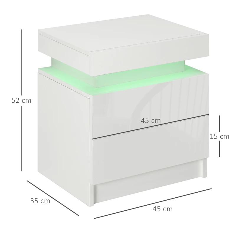 HOMCOM Table de chevet table de nuit lumière LED RVB panneau haute brillance avec 2 tiroirs pour salon chambre à coucher blanc