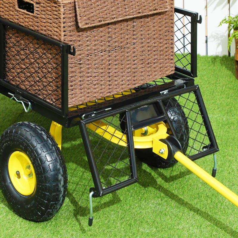 Outsunny Carrinho de Jardim Carga 200 kg com Paineis Laterais Desmontáveis Guiador Giratório 180° e 4 Rodas  de Borracha Preto e Amarelo