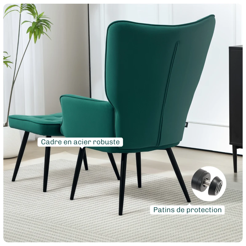 HOMCOM Fauteuil relax avec repose-pieds assorti style scandinave piètement métal noir revêtement aspect velours - Vert