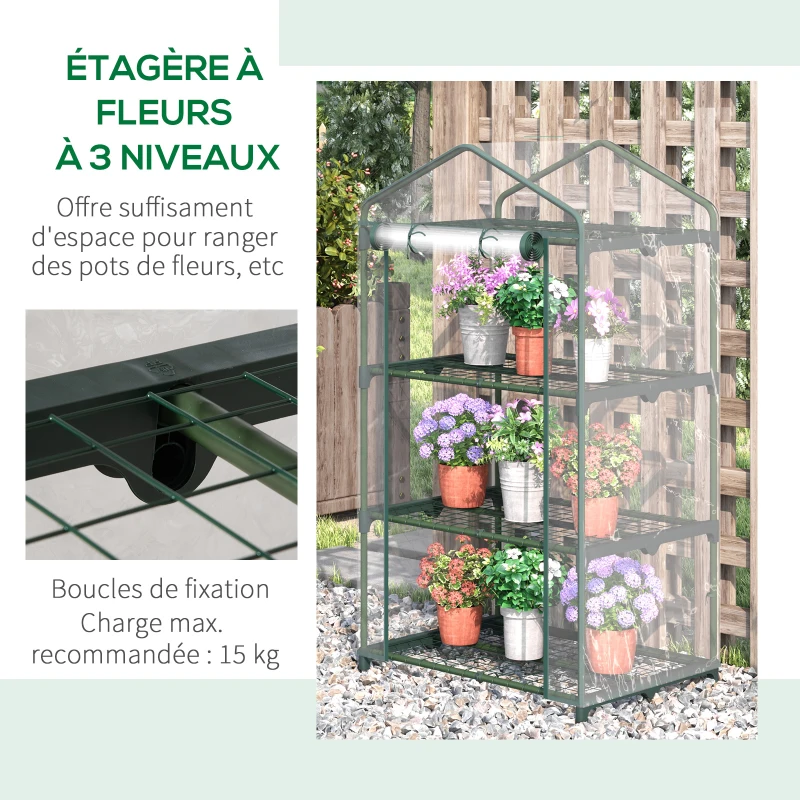 Outsunny Serre de jardin avec étagères 3 niveaux, serre de balcon, bâche renforcée PVC, châssis en acier, porte zippée enroulable, pour légumes plantes fleurs, 69 x 49 x 125 cm, transparent
