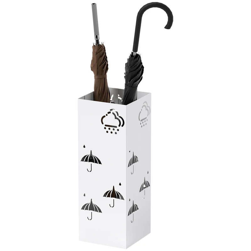 HOMCOM Suporte para Guarda Chuva de Aço com 4 Ganchos e Bandeja de Gotejamento Amovível 15,5x15,5x41 cm Branco