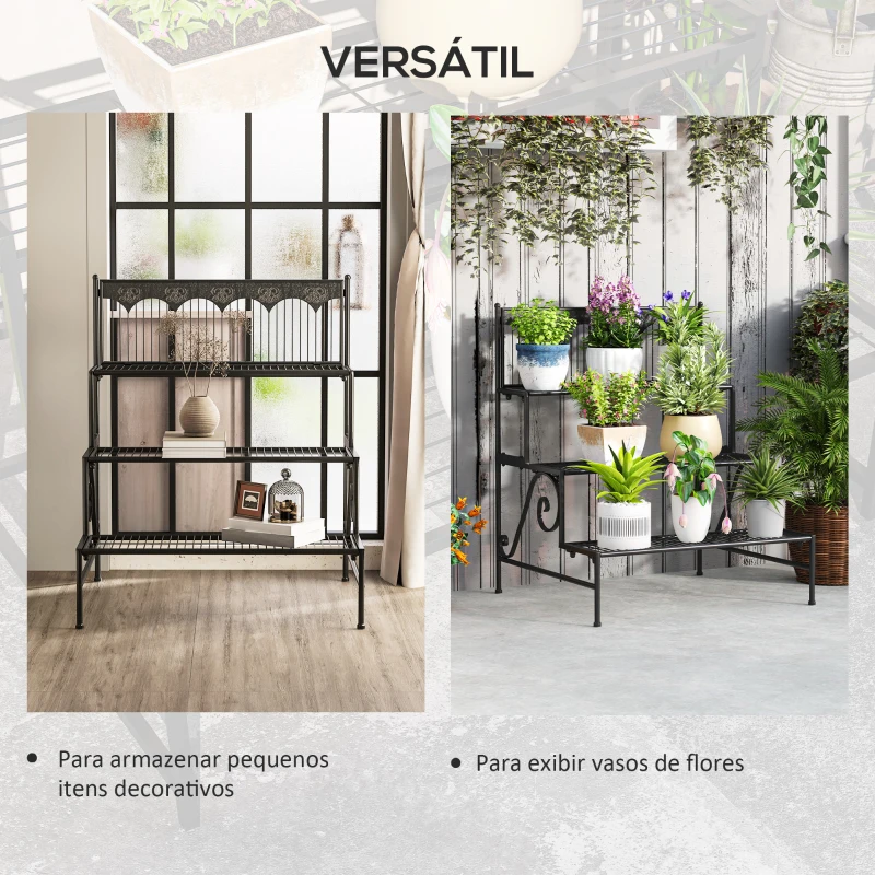 Outsunny Suporte para Plantas de 3 Níveis com Desenho em Escada Suporte para Vasos de Plantas para Interior e Exterior 73x66x85 cm Preto