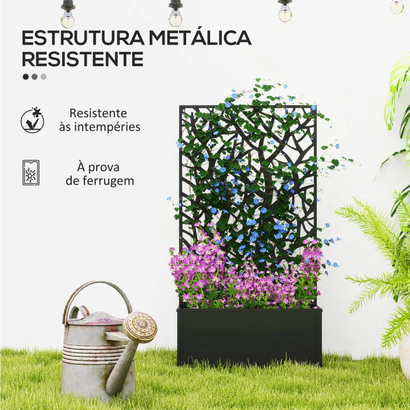Outsunny Floreira de Metal com Ecrã de Privacidade com Ramos Decorativos Floreira de Parede ou Independente  61x23x113 cm Preto