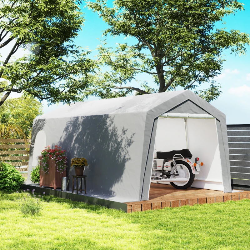 Outsunny Abrigo de Jardim Exterior 300x597x257 cm com Porta Enrolável para Motas Bicicletas e Ferramentas de Jardim Cinzento