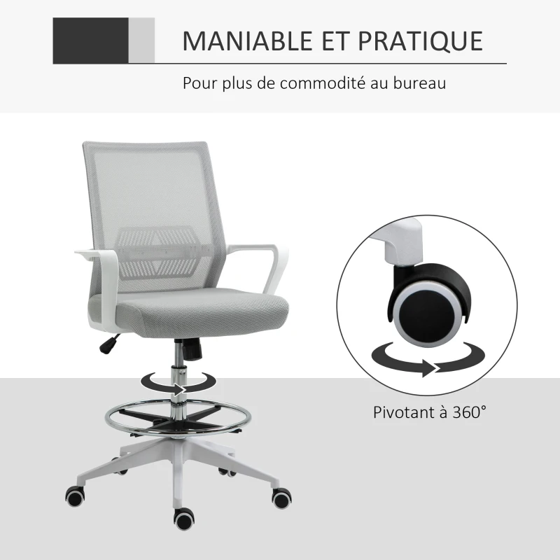 Vinsetto Fauteuil de bureau chaise de bureau assise haute réglable dim. 64L x 59l x 104-124H cm tabouret de bureau pivotant 360° maille respirante gris et blanc