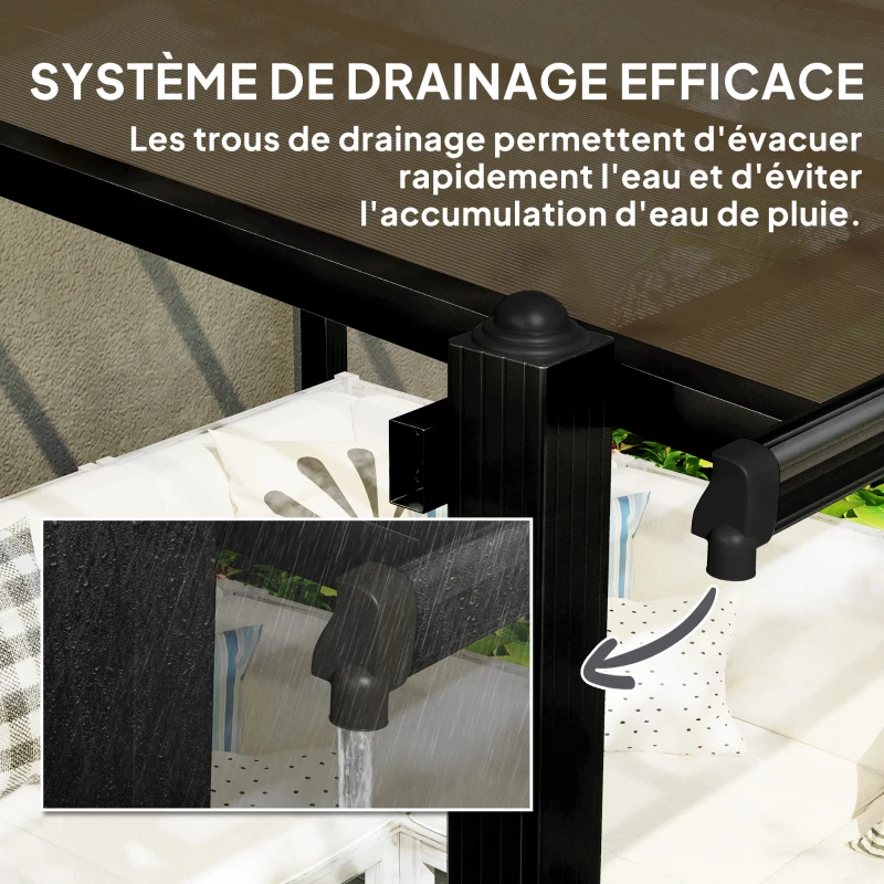 Outsunny Pergola jardin extérieur en aluminium 3 x 3 m avec toit en polycarbonate imperméable et système de drainage, gris