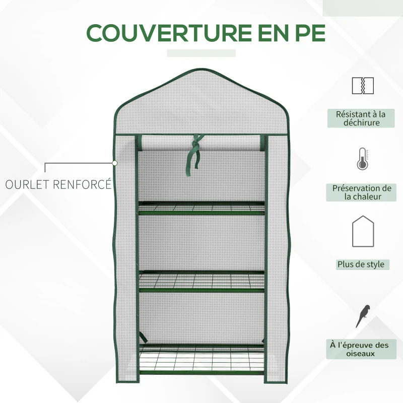 Outsunny Serre de Jardin étagère 3 Niveaux dim. 59L x 39l x 127H cm métal thermolaqué Vert PE Haute densité 140g/m² Blanc