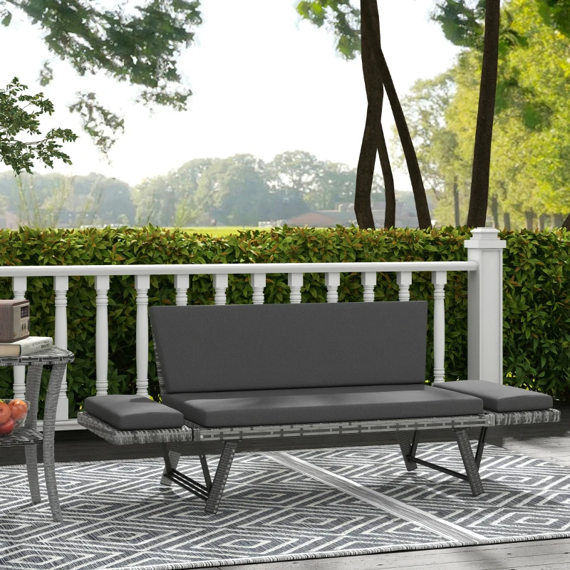 Outsunny 2 Seater Rattan Sofa with Cushions, 2-in-1 PE Rattan Daybed Sofa with Left Up or Down Armrests, Garden Chaise Lounger Loveseat for Outdoor, Patio, Mixed Grey