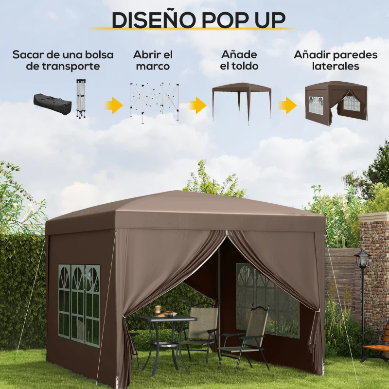 Outsunny Carpa Plegable Pop-up 3x3 m con 4 Paredes Laterales Anti-UV y Bolsa de Transporte Café