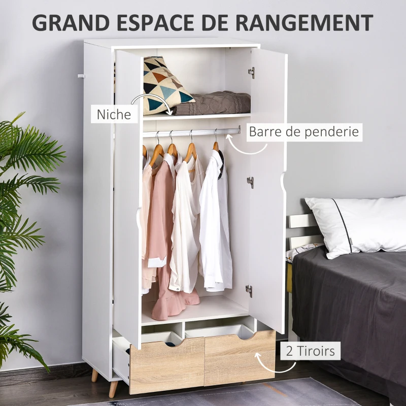 HOMCOM Armoire de Rangement Design scandinave - Armoire de Chambre - Placard 2 Portes avec penderie et étagère - 2 tiroirs coulissants - Panneaux Particules Blanc chêne Clair