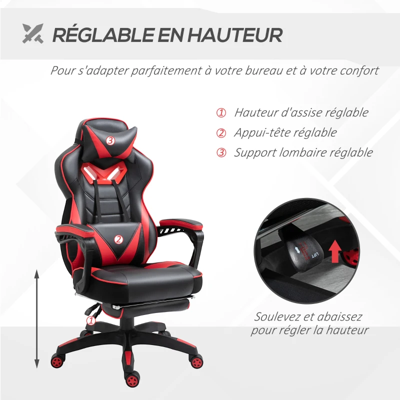 Vinsetto Chaise gaming Ergonomique, Fauteuil de Bureau confortable avec Repose-Pied, Appuie-Tête et coussin lombaire, Hauteur Réglable, noir et rouge