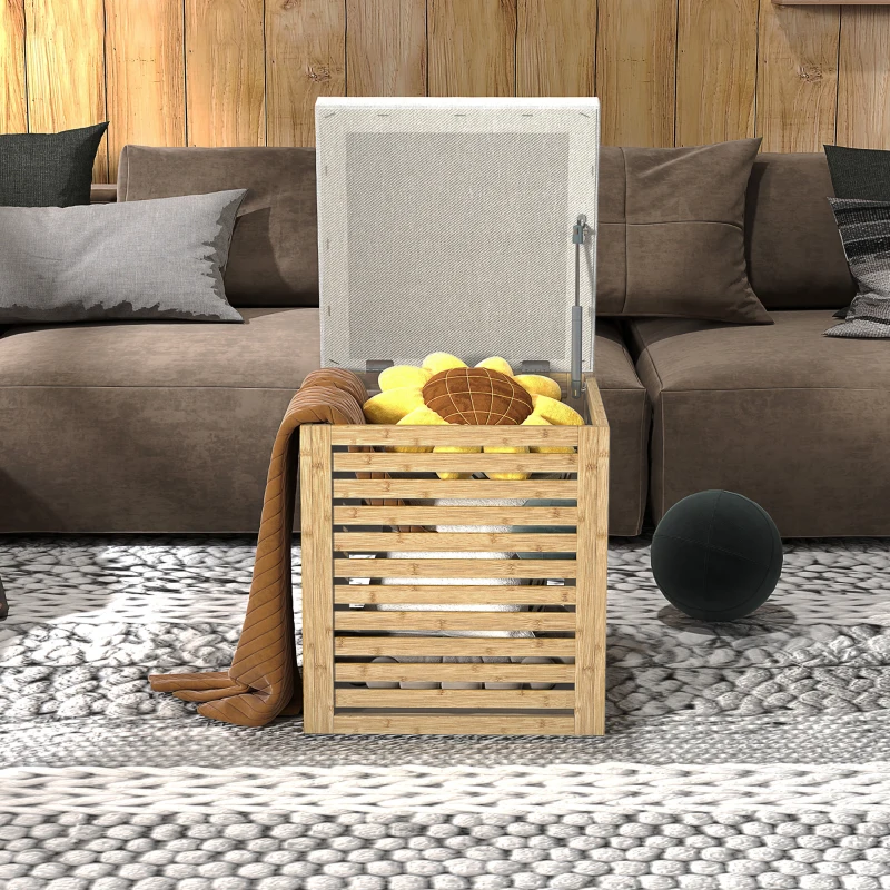 HOMCOM Banco com Armazenamento 57,7L Banco com Arrumação Estofado em Linho Sintético com Estrutura em Bambu 40x40x47 cm Cinza e Madeira