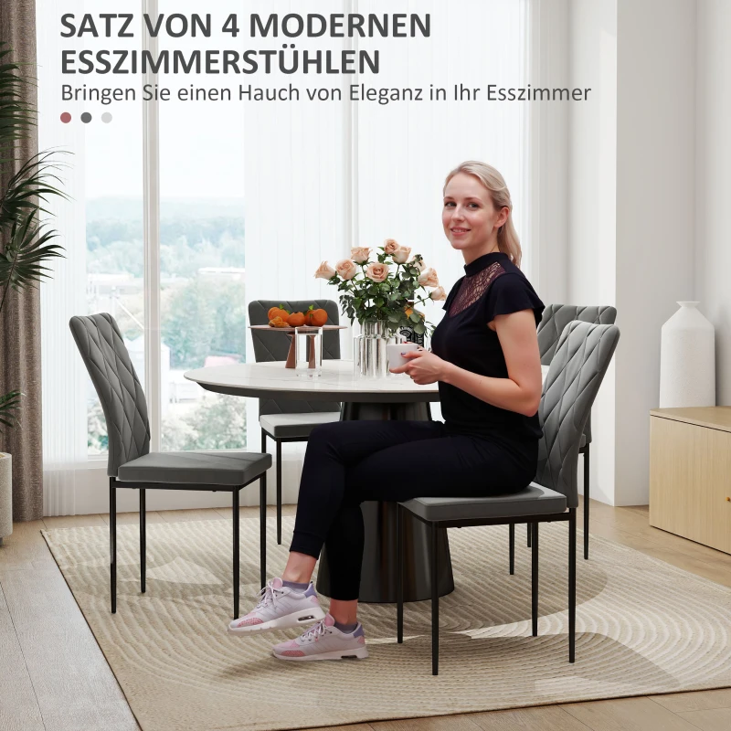 HOMCOM Set van 4 Moderne Fluweelachtige Eetkamerstoelen met Metalen Poten, voor Eetkamer, Slaapkamer, Keuken, Grijs
